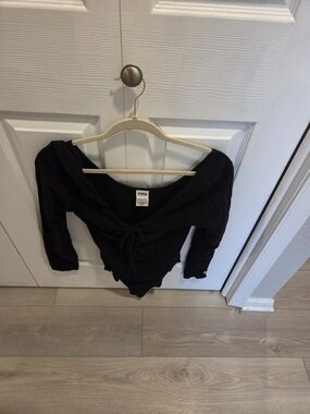 PINK Victoria's Secret Black Long-Sleeve Tie-Front Bodysuit